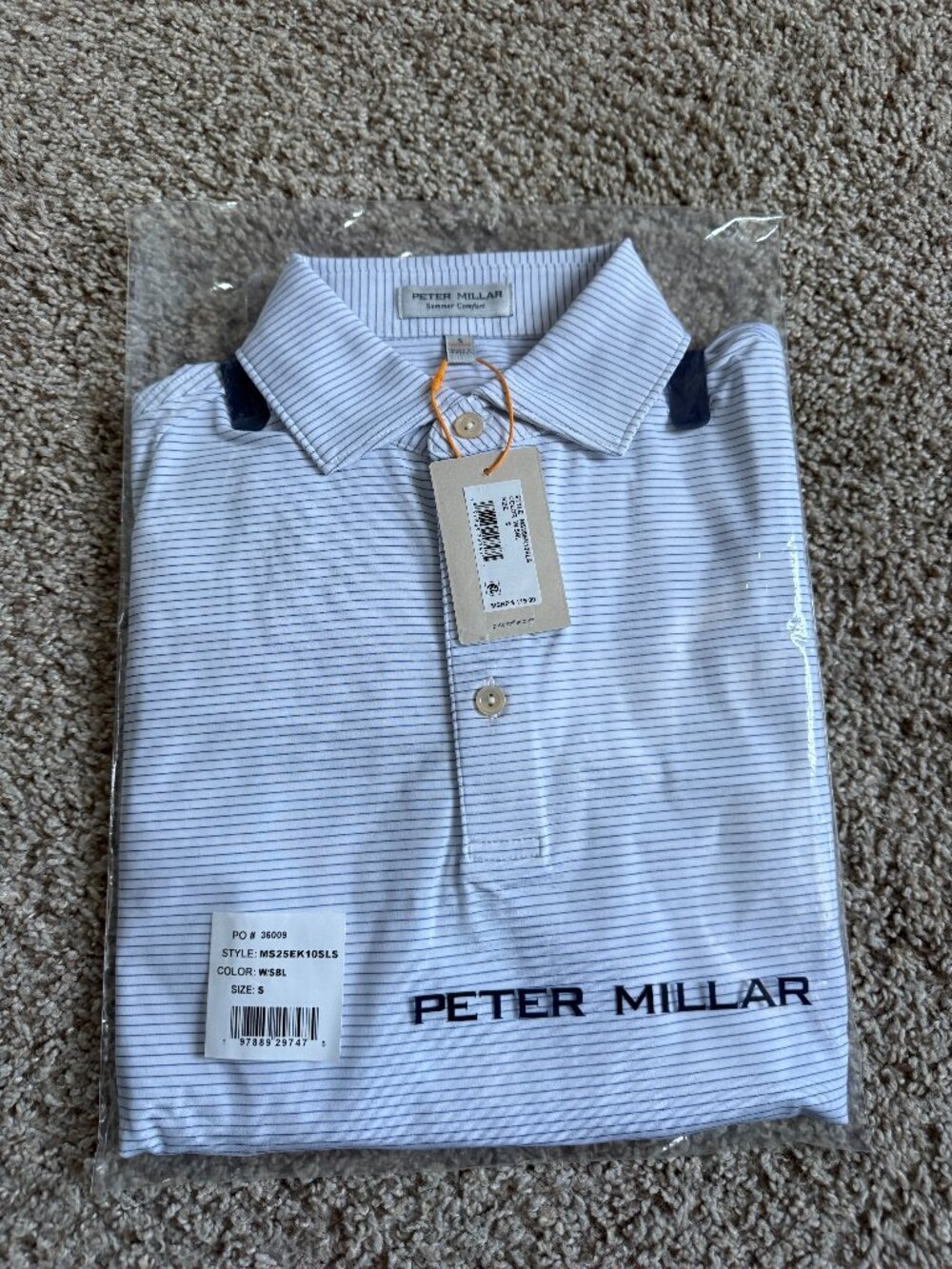 Peter Millar Highlands Long Sleeve Golf Polo Shirt - Small - White/Blue